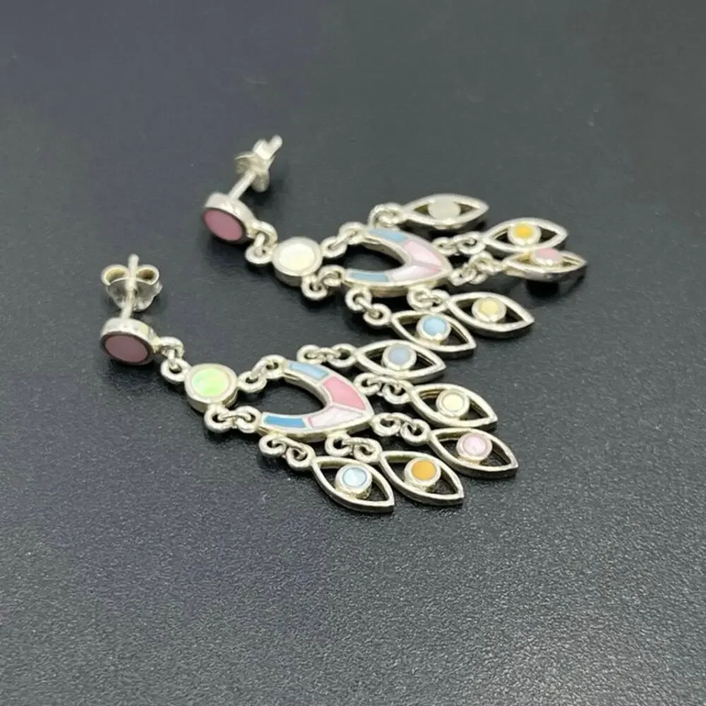 Sterling Silver Pastel Mother of Pearl Inlay Boho Statement Chandelier Earring